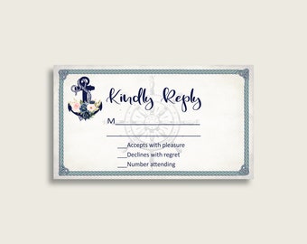 Nautical Anchor Bridal Shower RSVP Cards Printable, Blue Beige Kindly Reply Insert, Response Cards, Wedding Registry, Instant 87BSZ