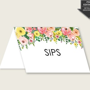 Carte per tende alimentari floreali primaverili stampabili, segnaposto per tende da tavolo rosa verde modificabili, etichette alimentari per addio al nubilato, biglietti da visita, istantaneo 65924