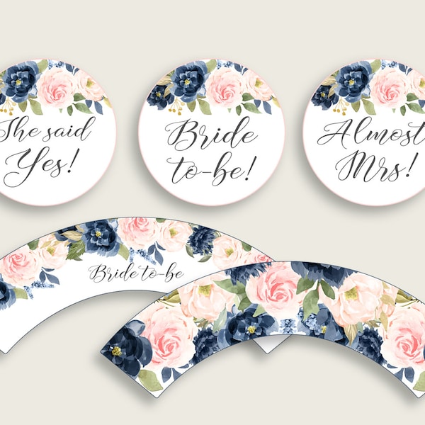 Navy Blush Floral Bridal Shower Cupcake Toppers Printable, Blue Pink Bridal Shower Cupcake Wrappers, Instant Download, Flowers Rose UY5IG