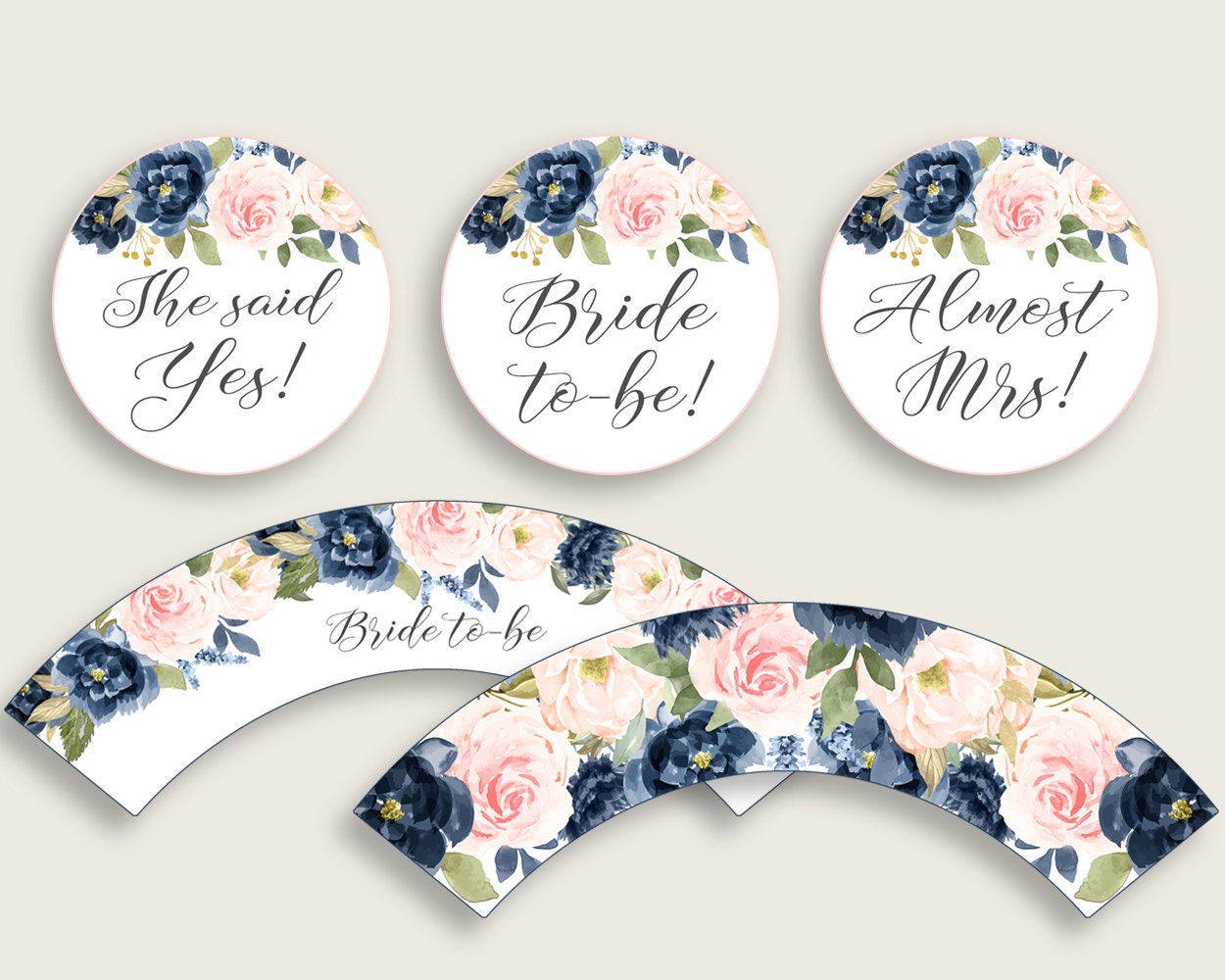 Navy Blush Floral Bridal Shower Cupcake Toppers Printable Blue Pink Bridal Shower Cupcake Wrappers Instant Download Flowers