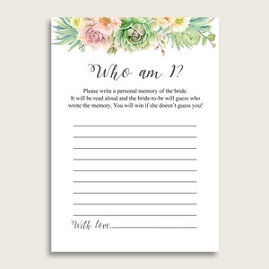 Green Pink Who Am I Bridal Shower Game Printable, Succulent Bridal Shower Activity, Ice Breaker Game, Instant Download, Garden Floral 1LIZN