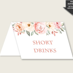 Blush Blumen Essen Zelt Karten druckbare, Rosa Rose Gold Tischzelt Tischkarten bearbeitbar, Brautparty Essen Etiketten, Namenskarten 06D7T