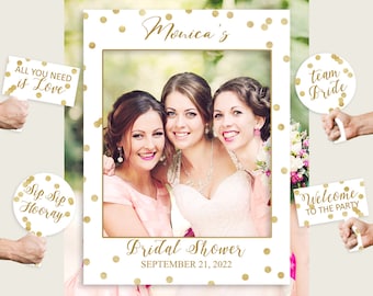 Printed Gold Confetti Bridal Shower Photo Booth Frame, Bachelorette Selfie Frame, Gold White Photo Prop, Waterproof, Elegant Modern CZXE5