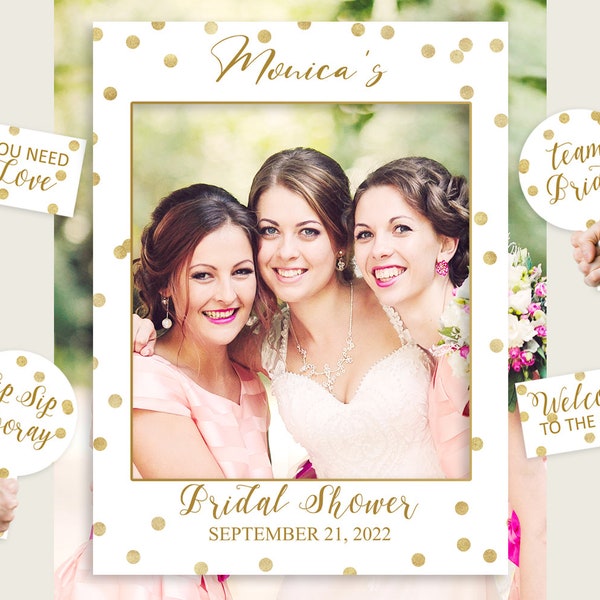 Printed Gold Confetti Bridal Shower Photo Booth Frame, Bachelorette Selfie Frame, Gold White Photo Prop, Waterproof, Elegant Modern CZXE5