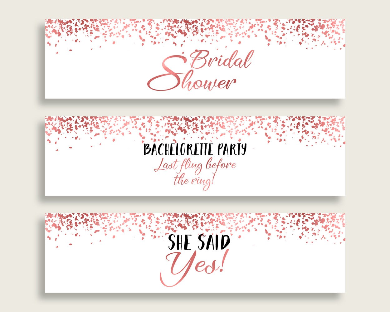 Confetti Bridal Shower Water Bottle Labels, Rose gold White Bottle Wraps Printable, Instant Download, Cute And Modern Unique Themed B9MAI