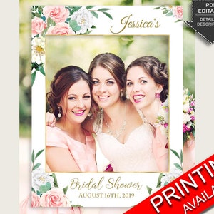 Printable Blush Floral Bridal Shower Photo Booth Frame, Bachelorette Selfie Frame, Pink Green Photo Prop Editable, Instant Download Z2DRE