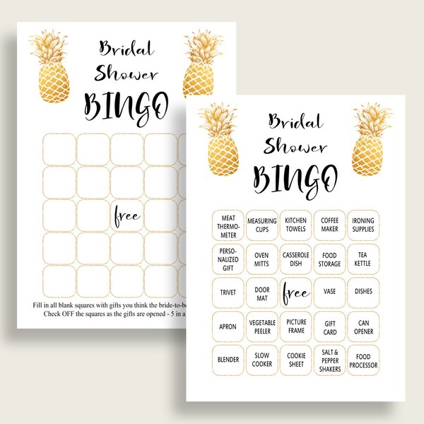 Pineapple Bridal Shower Bingo Cards Printable, 60 Prefilled Bingo Game Cards Gold White, Free Empty Bingo, Instant Download, 86GZU