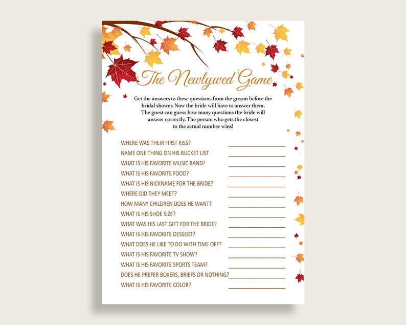 The Newlywed Game Bridal Shower the Newlywed Game Fall Bridal Etsy