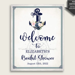 Nautical Anchor Bridal Shower Welcome Sign, Blue Beige Large Welcome Sign, Printable or Printed, Editable Party Yard Sign, Instant 87BSZ