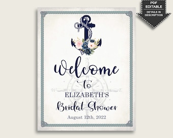 Nautical Anchor Bridal Shower Welcome Sign, Blue Beige Large Welcome Sign, Printable or Printed, Editable Party Yard Sign, Instant 87BSZ