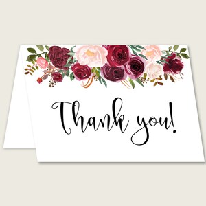 Biglietti di ringraziamento per addio al nubilato bordeaux piegati, biglietti di ringraziamento rosa rossi stampabili, festa nuziale, download istantaneo, giardino shabby chic 6GQOT