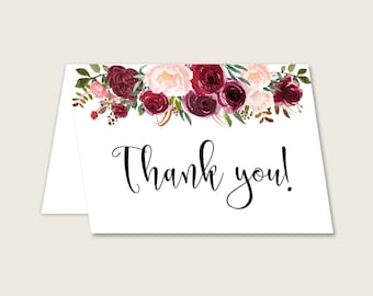 Burgundy Bridal Shower Thank You Cards Folded, Red Pink Thank You Card Printable, Bridal Party, Instant Download, Shabby Chic Garden 6GQOT