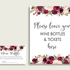 Biglietto per la lotteria del vino per addio al nubilato bordeaux stampabile, scheda e cartello per inserto per addio al nubilato rosa rosso, download istantaneo, Marsala floreale 6GQOT