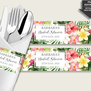 Hawaiian Bridal Shower Napkin Rings Editable, Pink Green Napkin Wraparounds Decoration Printable, Bachelorette, Instant Download, Luau 9ENSG