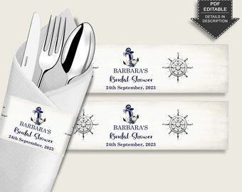 Nautical Anchor Bridal Shower Napkin Rings Editable, Blue Beige Napkin Wraparounds Decoration Printable, Bachelorette, Instant 87BSZ