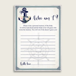Blue Beige Who Am I Bridal Shower Game Printable, Nautical Anchor Bridal Shower Activity, Ice Breaker Game, Instant Download, Navy 87BSZ