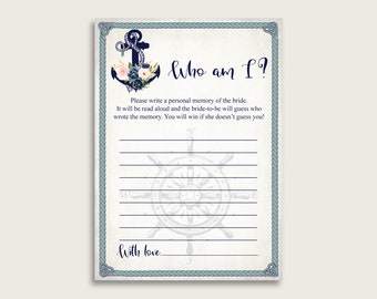 Blue Beige Who Am I Bridal Shower Game Printable, Nautical Anchor Bridal Shower Activity, Ice Breaker Game, Instant Download, Navy 87BSZ