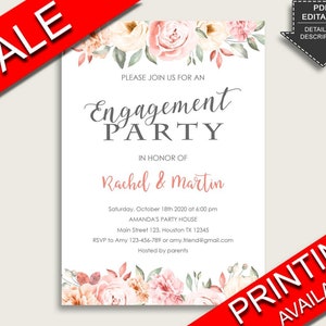Rosa Gelb Verlobungsfeier Einladung, Blush Blumen Verlobungseinladung editierbar, druckbar oder gedruckt, Sofortiger Download, Koralle 06D7T