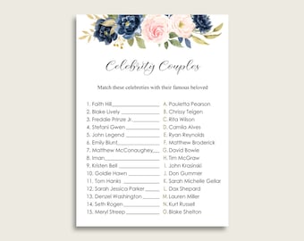 Navy Blush Floral Famous Couples Bridal Shower Game, Blue Pink Match Celebrity Couples Printable, Instant Download, Watercolor Bloom UY5IG