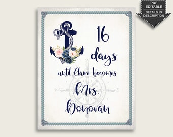 Nautical Anchor Days Until She Is Mrs Sign Editable, Blue Beige Bridal Shower Sign Printable, Countdown Wedding Sign, Instant 87BSZ