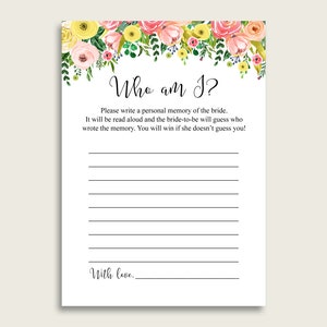 Green Pink Who Am I Bridal Shower Game Printable, Spring Floral Bridal Shower Activity, Ice Breaker Game, Instant Download, Summer 65924