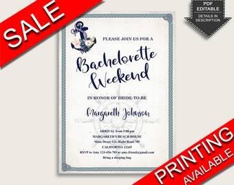 Nautical Anchor Bachelorette Weekend Invitation, Blue Beige Hens Party Invitation Editable, Printable or Printed, Instant Download, 87BSZ