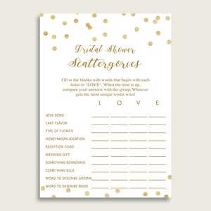 Gold Confetti Bridal Shower Scattergories Printable, Gold White Scattergories Love Game, Bachelorette Game, Hen Party, Instant CZXE5