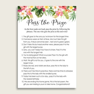 Hawaiian Bridal Shower Pass The Prize Game, Pink Green Pass The Gift Printable, Pass The Parcel Rhyme, Instant Download, Luau Palm 9ENSG