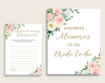 Blush Floral Favorite Memory With Bride To Be Cards and Sign, Rose Green Bridal Shower Printable, Bachelorette, Instant Download, Z2DRE