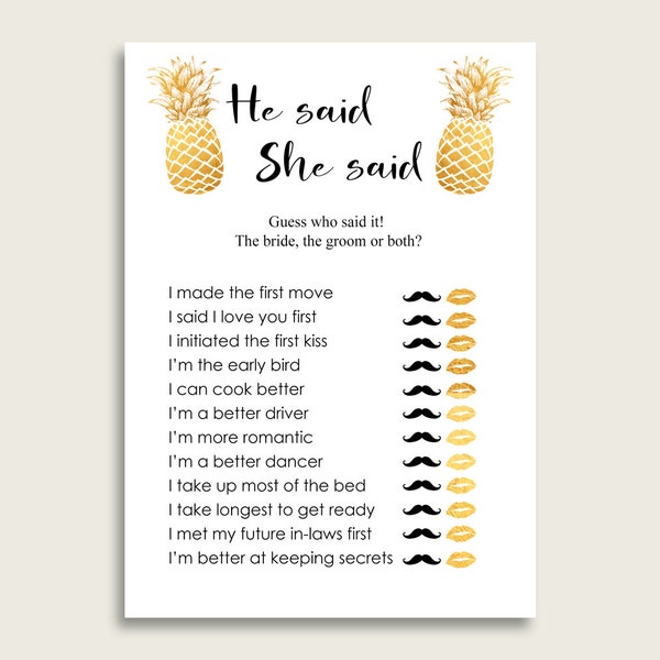 Pineapple Bridal Shower He Said She Said Game, Gold White Gues Who Said It Printable, Bride Or Groom, Instant Download, 86GZU