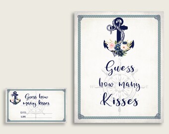 Nautical Anchor Bridal Shower Guess How Many Kisses Game Printable, Blue Beige Kisses For The Mrs Cards And Sign, Instant Download, 87BSZ