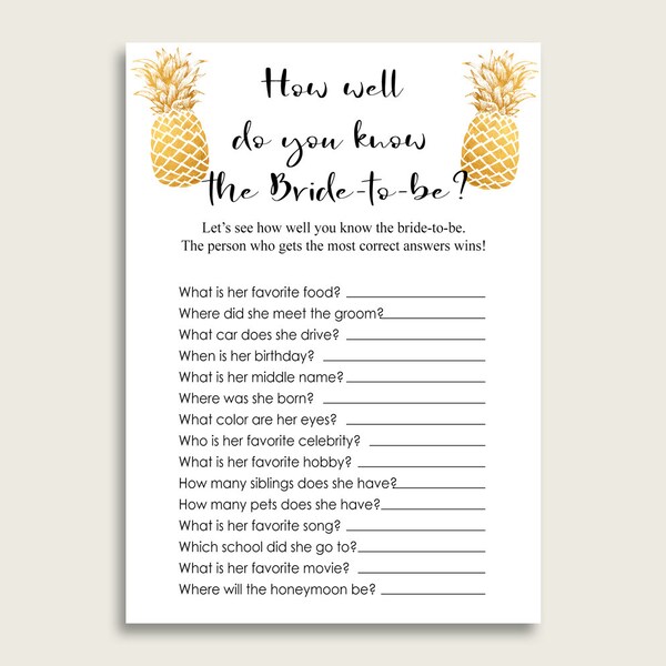 Pineapple How Well Do You Know The Bride, Gold White Bridal Shower Game Printable, Who Knows Bride Best, Instant Download, 86GZU