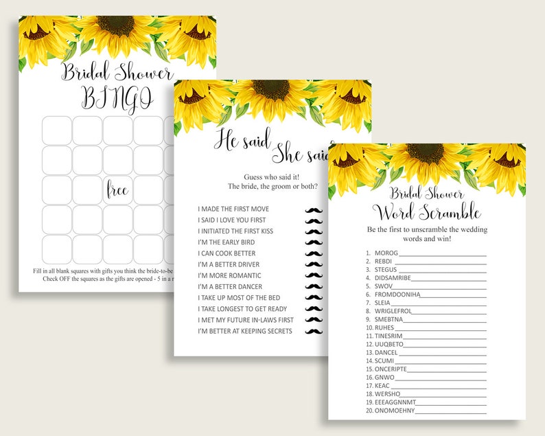 Sunflower Bridal Shower Games Bundle Yellow White Games Etsy