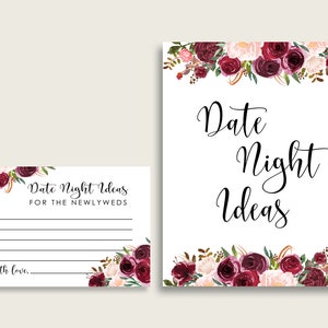 Bordeaux Date Night idées cartes et signe imprimable, rouge rose nuptiale douche Date nuit activité, téléchargement immédiat, Marsala Floral 6GQOT image 1