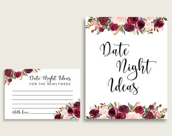 Bordeaux Date Night idées cartes et signe imprimable, rouge rose nuptiale douche Date nuit activité, téléchargement immédiat, Marsala Floral 6GQOT