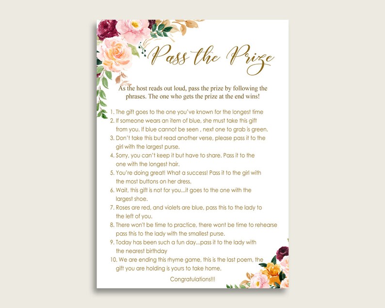 Romantic Floral Bridal Shower Pass the Prize Game Rose Gold Etsy
