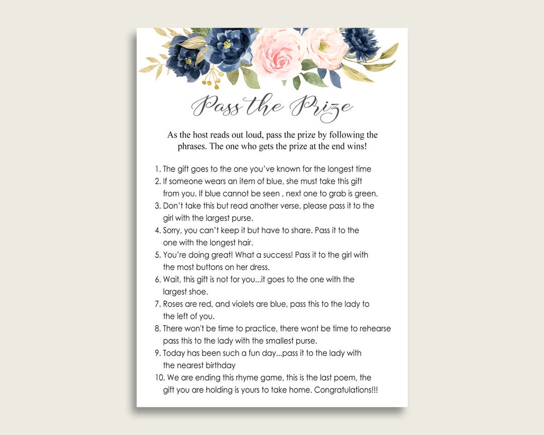 Navy Blush Floral Bridal Shower Pass the Prize Game, Blue Pink Pass the ...