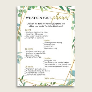 Green Gold Whats In Your Phone Game, Greenery Bridal Shower Cell Phone Game Printable, Instant Download, Geometric Botanical Floral 9GOY4
