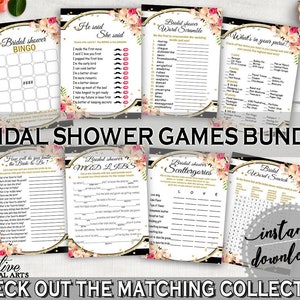 Games Bundle in Flower Bouquet Black Stripes Bridal Shower Games Black Gold, confetti, floral assortment, boho flowers printable - QMK20