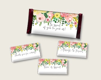 Spring Floral Hershey's Chocolate Bar Wrappers Printable, Green Pink Bridal Shower, Candy Bar Labels Large Small, Instant Download, 65924