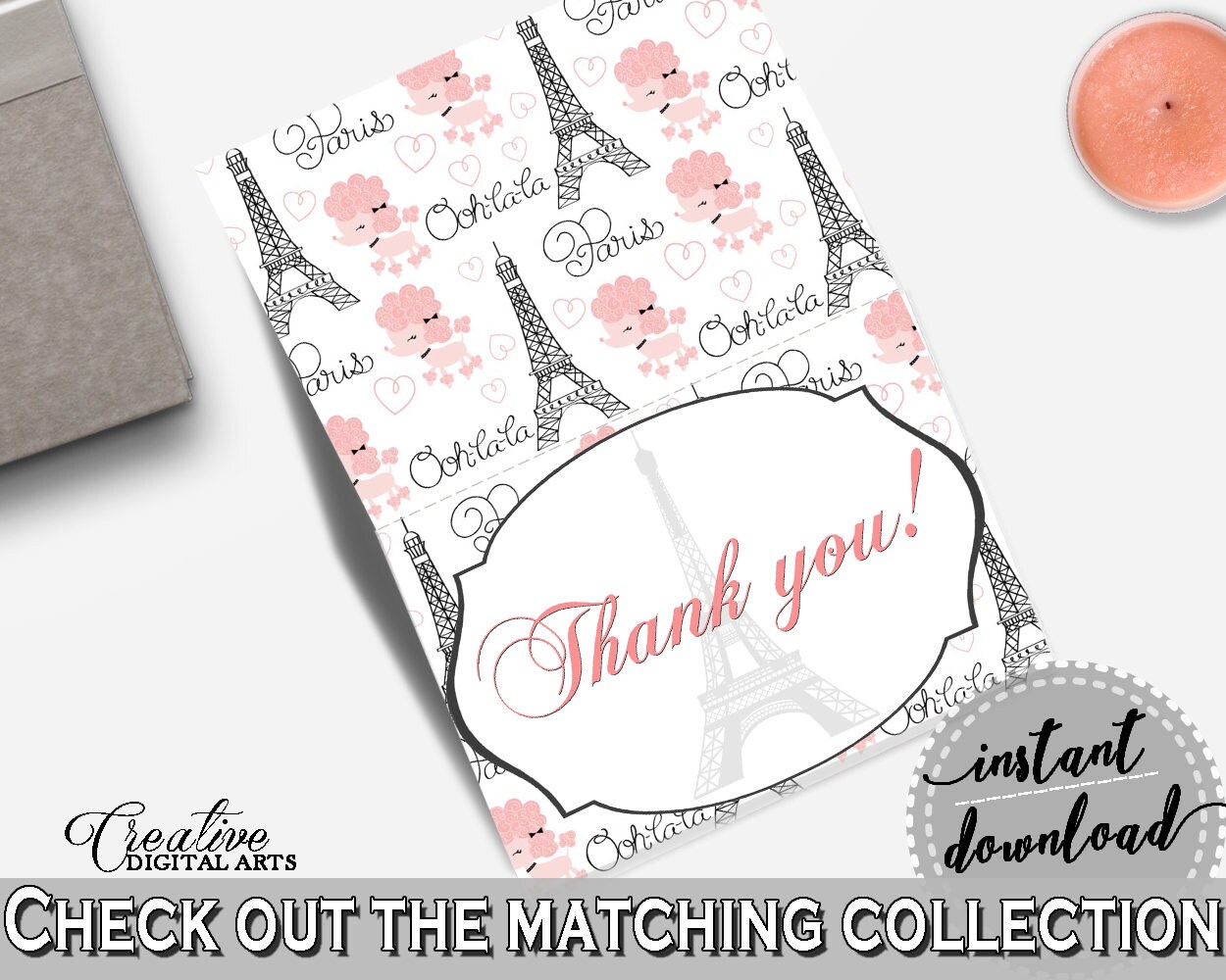 Paris Bridal Shower Thank You Card in Pink And Gray, thank you notes, gray eiffel tower, party stuff, party decorations, party decor - NJAL9