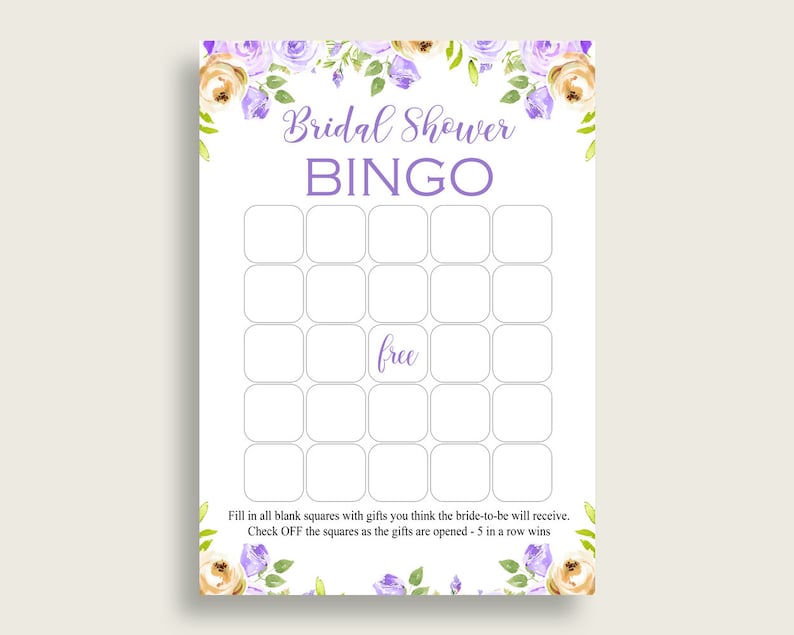 Purple Floral Bridal Shower Blank Bingo Game Cards Printable Etsy