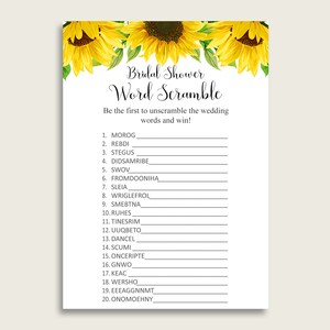 Sunflower Bridal Shower Word Scramble Game, Yellow White Word Scramble Printable, Bachelorette Party, Instant Download, Summer Floral SSNP1
