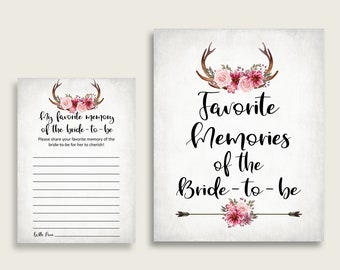 Deer Antlers Favorite Memory With Bride To Be Cards And Sign, Pink Gray Bridal Shower Printable, Bachelorette, Instant Download, MVR4R