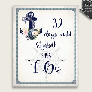 Nautical Anchor Bridal Shower Days Until I Do Sign Editable, Blue Beige Countdown Sign Printable, Bachelorette Sign, Instant Download 87BSZ