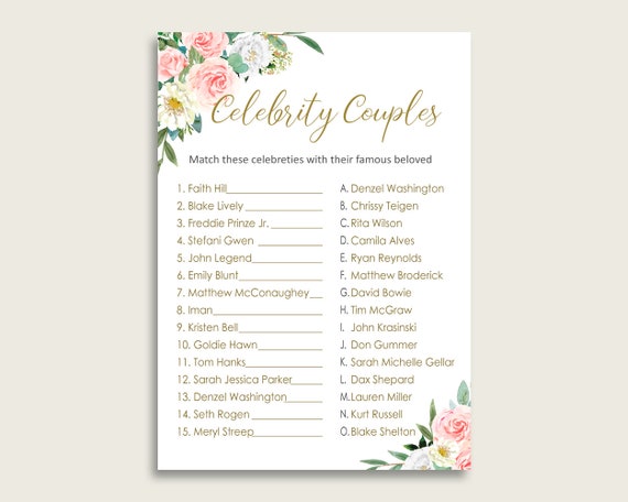Blush Floral Famous Couples Bridal Shower Game, Pink Green Match.
