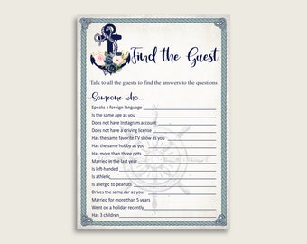 Nautical Anchor Find The Guest Bridal Shower Game, Blue Beige Find The Guest Who, Ice Breaker Activity Printable, Instant Download, 87BSZ