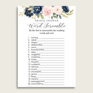 Navy Blush Floral Bridal Shower Word Scramble Game, Blue Pink Word Scramble Printable, Bachelorette Party, Instant Download, UY5IG