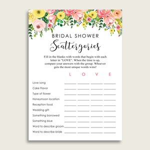 Frühling Blumen Brautparty Scattergories druckbare, grün rosa Scattergories Liebesspiel, Junggesellinnenabschied, Junggesellinnenabschied, Instant 65924
