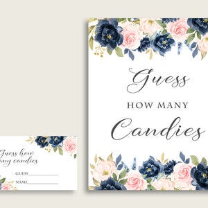 Navy Blush Floral Candy Guessing Game, Blue Pink Bridal Shower Game Printable, Guess How Many Candies Sign And Tickets, Instant UY5IG